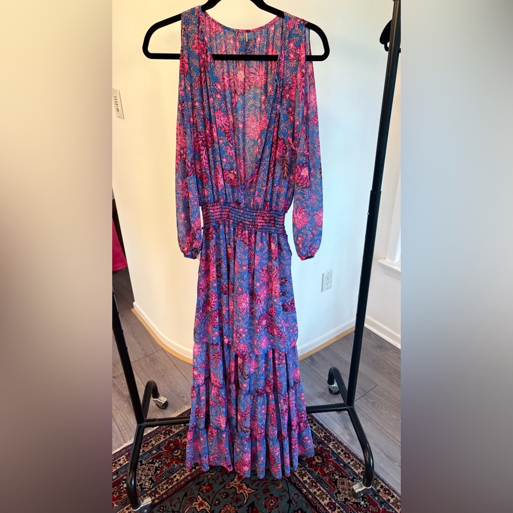 Misa Los Angeles Vibrant Pink and Blue Long Sleeve Dress